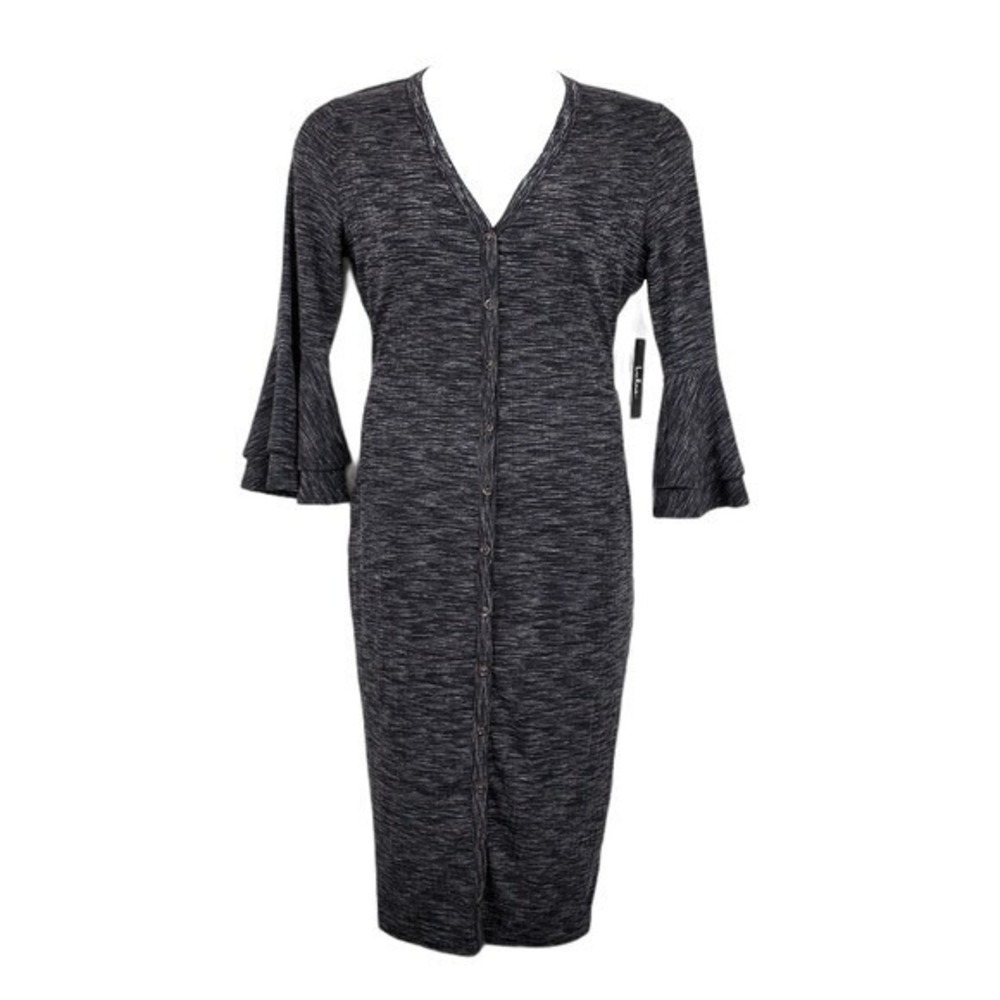 Lulus Womens Jony Bell Sleeve Black Heather Button Up Midi Dress Size L NWT